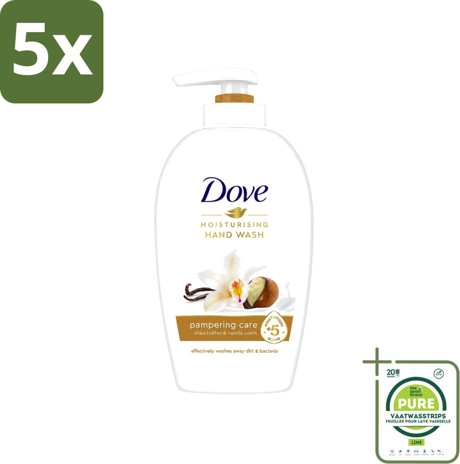 5 x Dove - Handzeep - Pampering Care - Verzachtend - 250 ml - Grootverpakking - Vaatwasstrips - Handzeep - Shea Butter - Handen Verzorgen - Hydraterende Handzeep - Kalmerende Geur