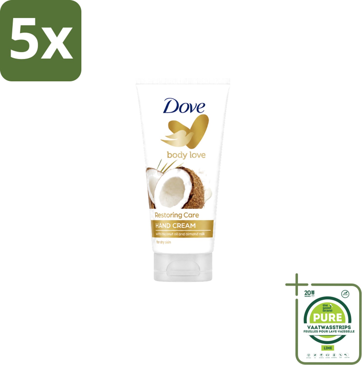 5 x Dove - Handcrème - Body Love Restoring Care - Kokos & Almond - Hydraterend - Droge huid - 75 g - Grootverpakking - Vaatwasstrips - Handcrème - Droge Huid - Hydraterende Crème - Kokos En Amandel - Huidverzorging
