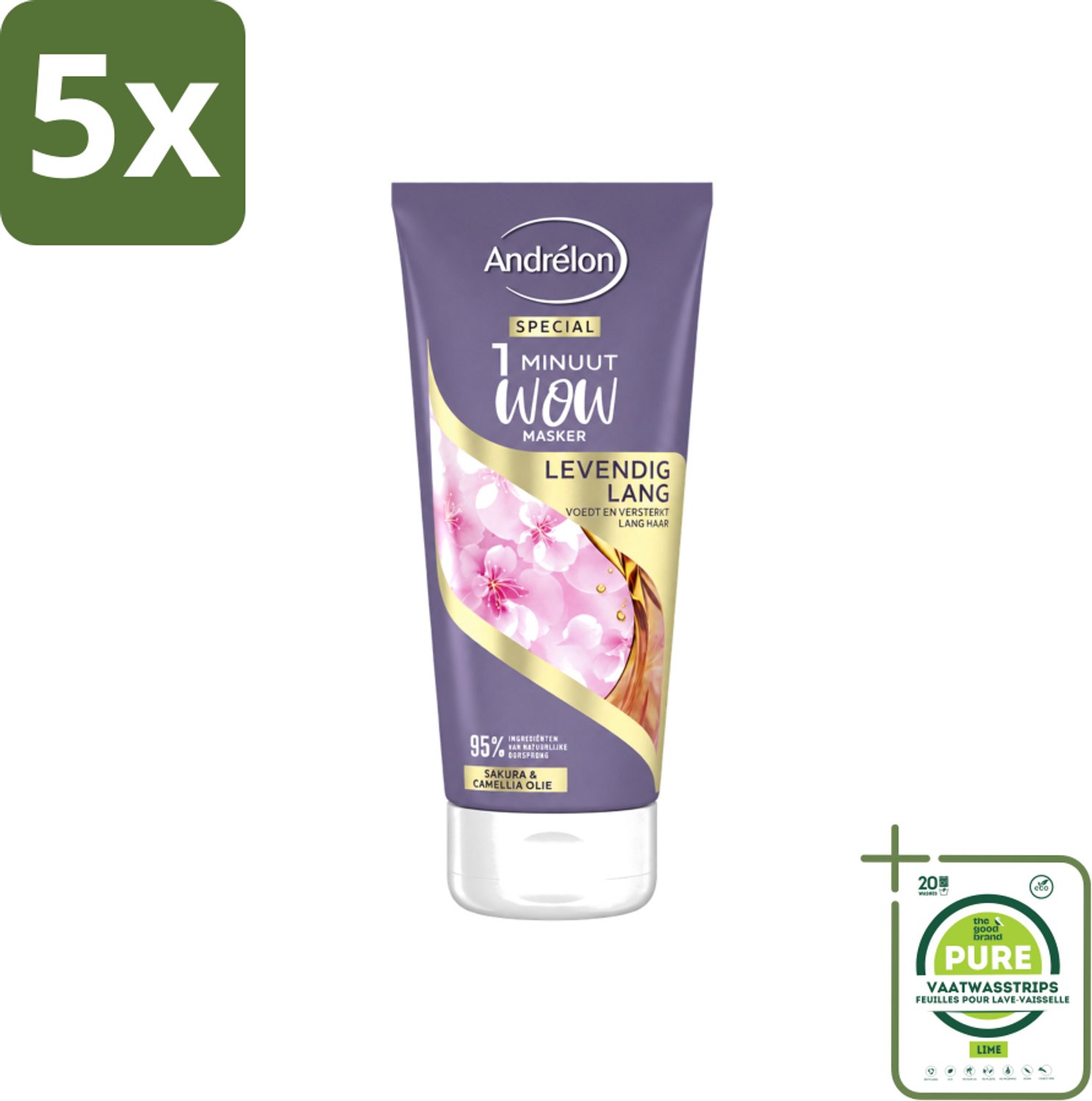 5 x Andrélon - 1 Minuut Wow Haarmasker - Levendig Lang - 180 ml - Grootverpakking - Vaatwasstrips - 1 Minuut Masker - Lang Haar Masker - Haarmasker - Haar Herstel - Haar Verzorging