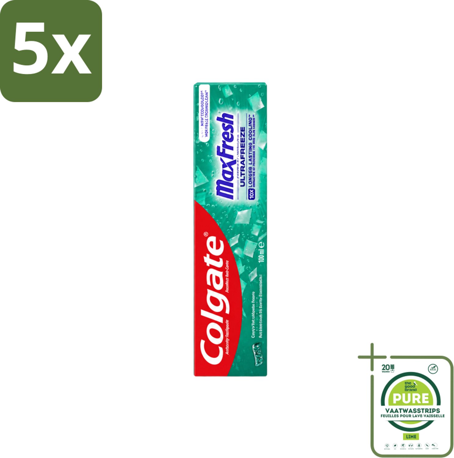 5 x Colgate - Max Fresh Clean Mint - Tandpasta - 100ml - Grootverpakking - Vaatwasstrips - Tandpasta - Tanden Reinigen - Tanden Witter Maken - Tandsteen Verwijderen - Frisse Adem