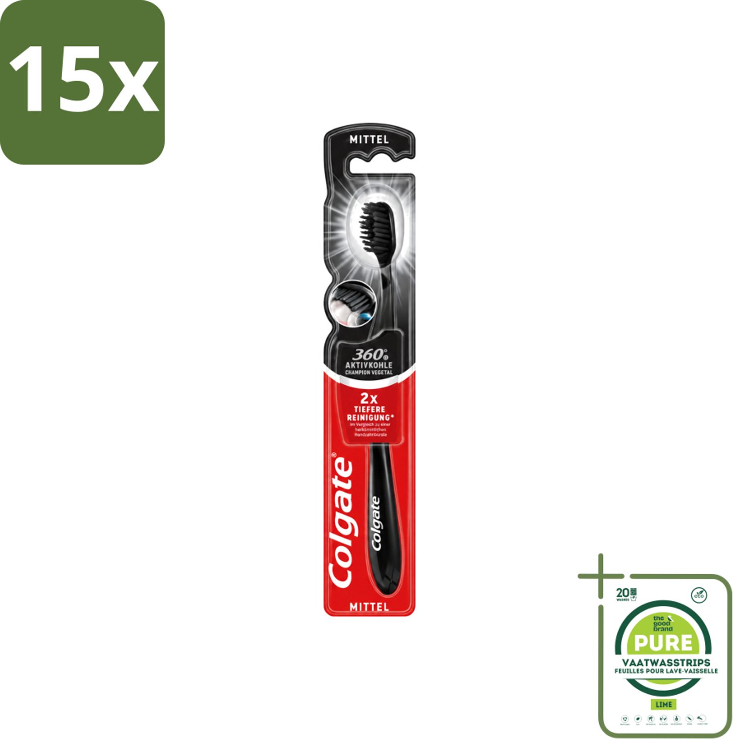 15 x Colgate - Tandenborstel - Charcoal Black 360 Medium - Zwart - 1 Tandenborstel - Grootverpakking - Vaatwasstrips - Tandenborstel Houtskool - Tandenborstel 360° - Mondverzorging - Tandenborstel Medium - Tandenborstel Zwart