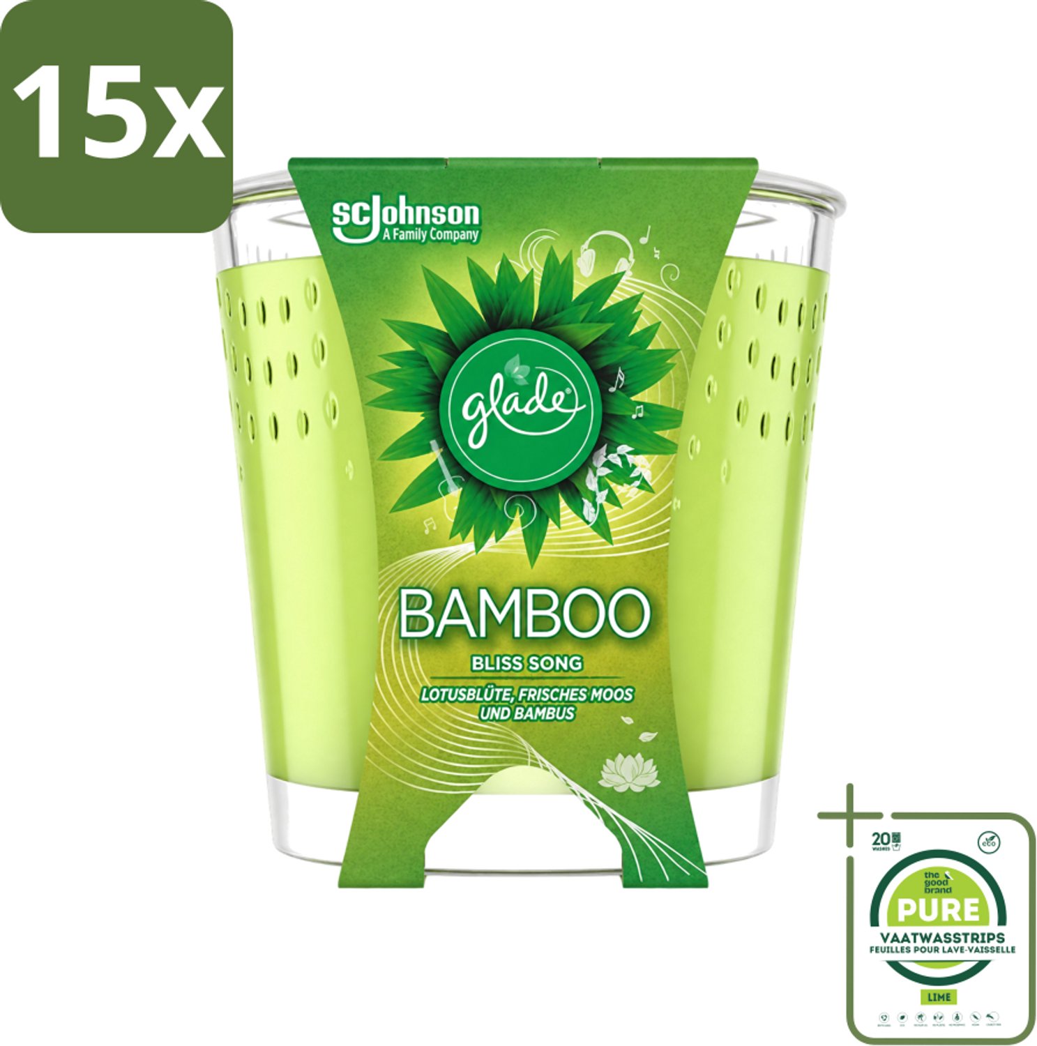 15 x Glade - Geurkaars - Bamboo Bliss Song - Frisse Geur & Relaxatie - 129 g - Grootverpakking - Vaatwasstrips - Geurkaars - Bamboe Geur - Rustgevende Geur - Geur In Huis - Ontspanning