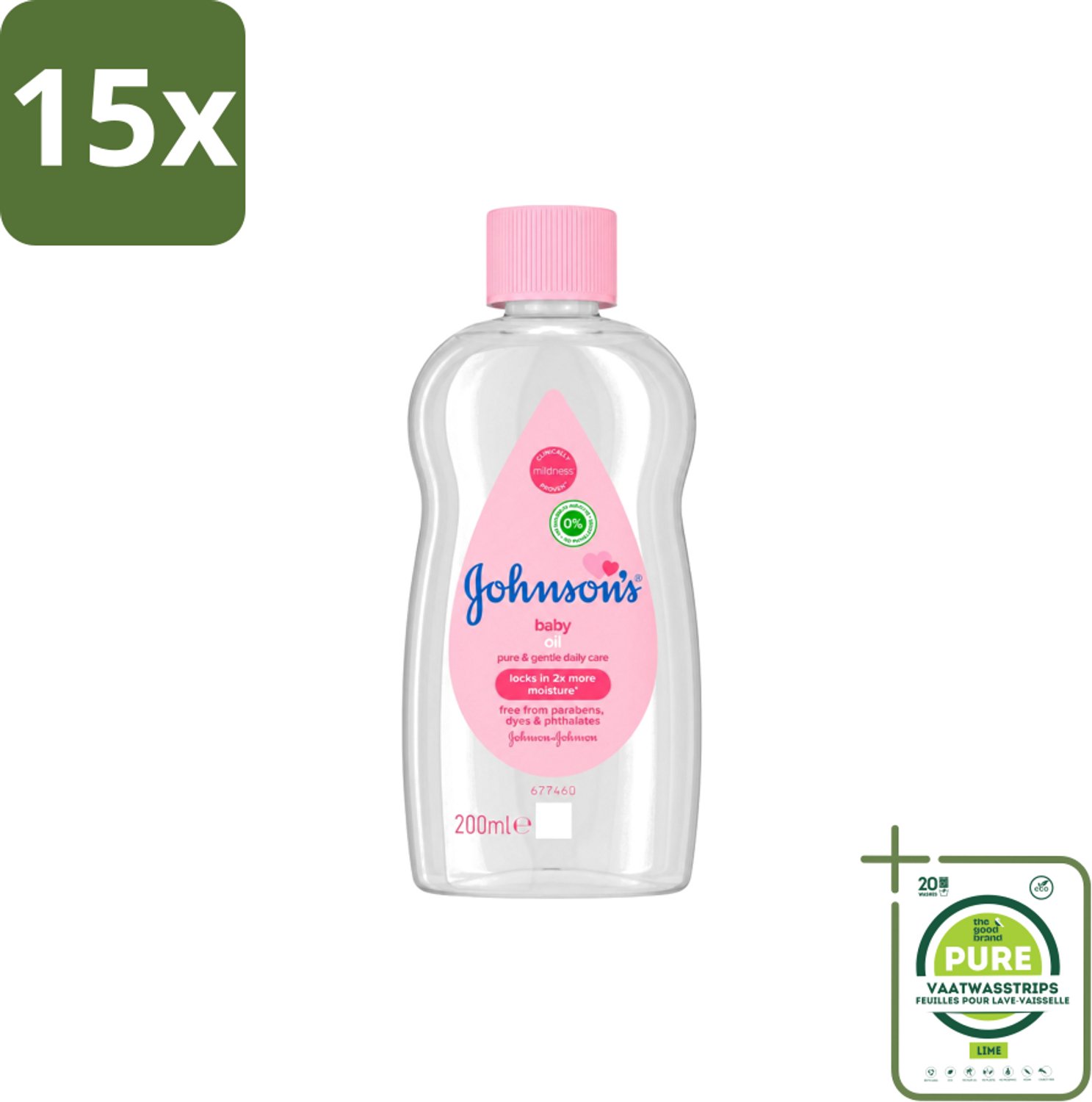 15 x Johnson's - Baby Olie - Puur & Zacht - 200 ml - Grootverpakking - Vaatwasstrips - Babyolie - Babyhuid Verzorging - Hydrateren - Zachte Huid - Baden