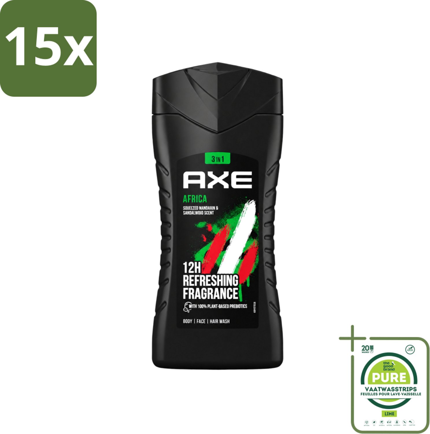 15 x Axe - 3-in-1 Douchegel - Africa - Squeezed Mandarin & Sandalwood - 100% Plantaardig - 250 ml - Grootverpakking - Vaatwasstrips - Douchegel - Axa Africa - Prebiotica - Huidverzorging - Geur