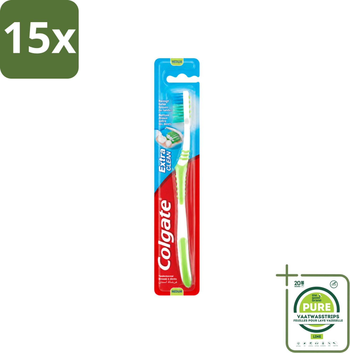 15 x Colgate - Tandenborstel - Extra Clean Medium - 1 Tandenborstel - Grootverpakking - Vaatwasstrips - Tandenborstel - Tandenpoetsen - Tandenborstel Medium - Tandenborstel Extra Clean - Tandenborstel Gebogen Kop