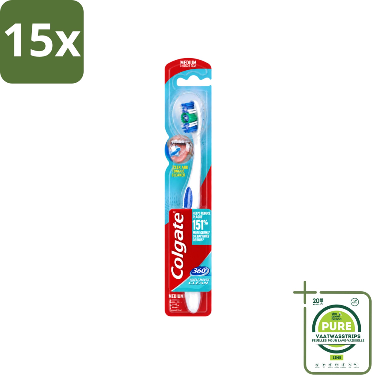 15 x Colgate - Tandenborstel - 360 Whole Mouth Clean Medium - Wit/Blauw - 1 Tandenborstel - Grootverpakking - Vaatwasstrips - Tandenborstel - Mondhygiëne - Tandenpoetsen - Bacteriën - Tandplak