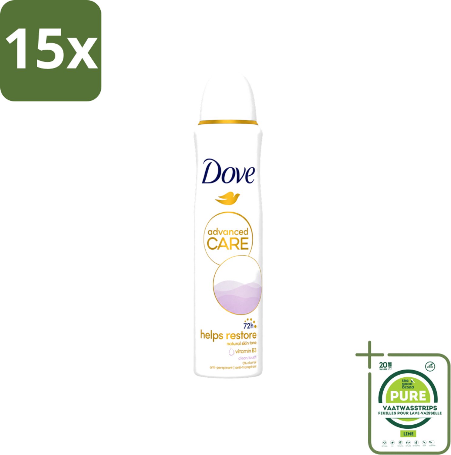 15 x Dove - Deodorant - Spray Clean Touch - Zachte geur en verzorging - 150 ml - Grootverpakking - Vaatwasstrips - Dove Deodorant Spray - Fris - Schoon - Comfortabel - Anti-transpirant