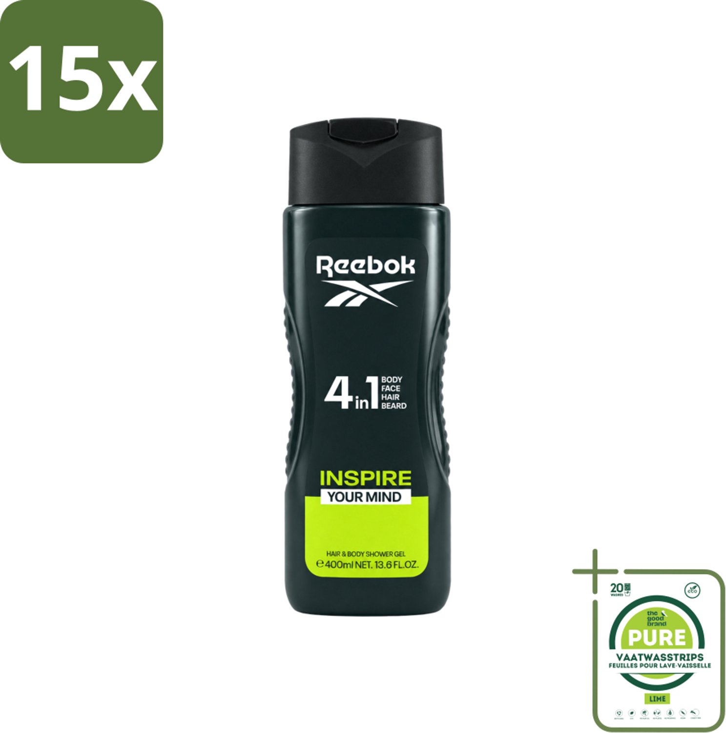 15 x Reebok - Inspire Your Mind - Douchegel - 4 in 1 - 400 ml - Grootverpakking - Vaatwasstrips - Douchegel - 4 In 1 - Lichaam Verzorging - Haar Verzorging - Gezicht Verzorging