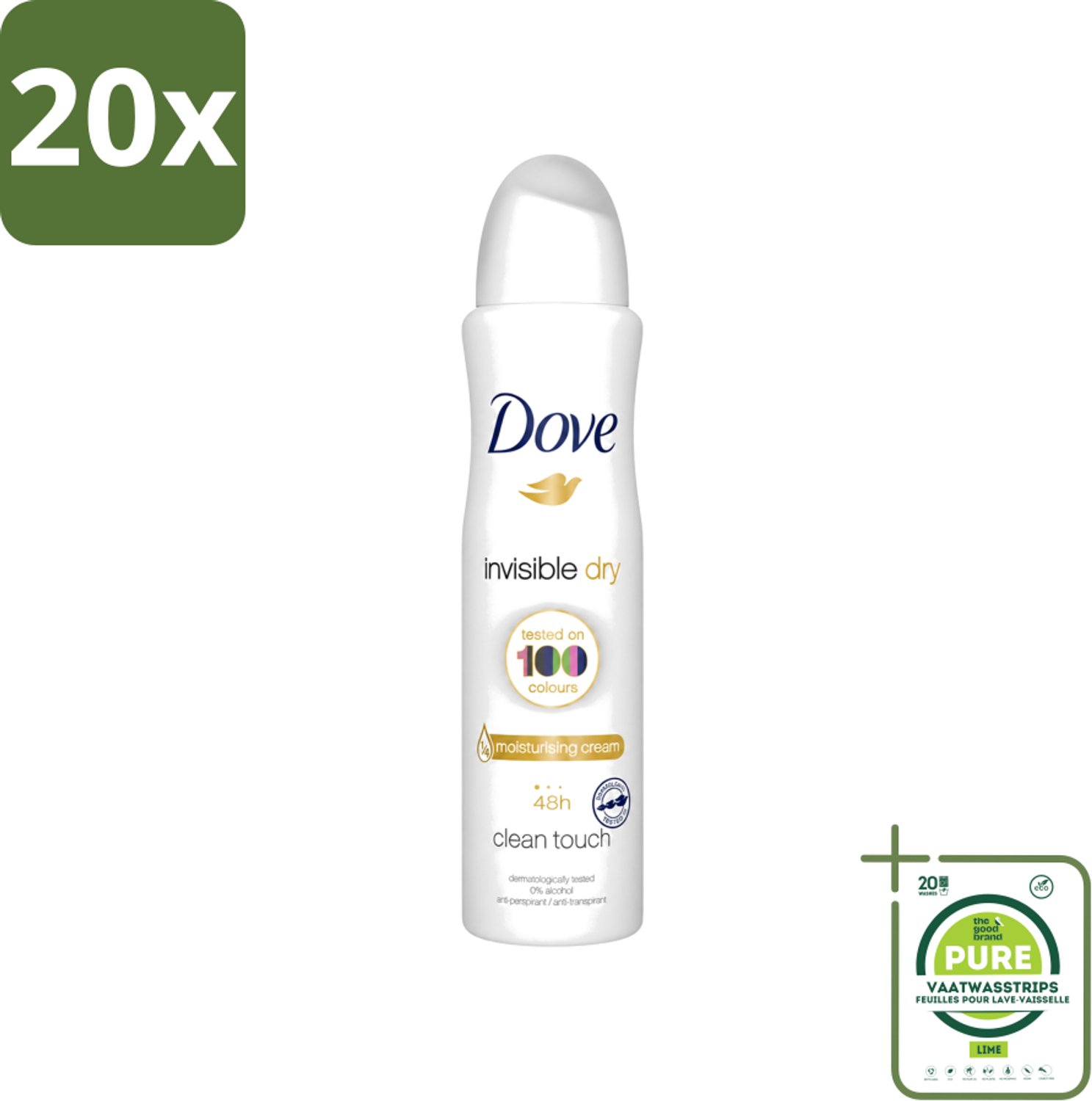 20 x Dove - Deodorant - Invisible Dry - Onzichtbare bescherming - 250 ml - Grootverpakking - Vaatwasstrips - Onzezichtbare Deodorant - Zweet En Geur - Vlekken Op Kleding - Huidbescherming - Alcoholvrije Deodorant
