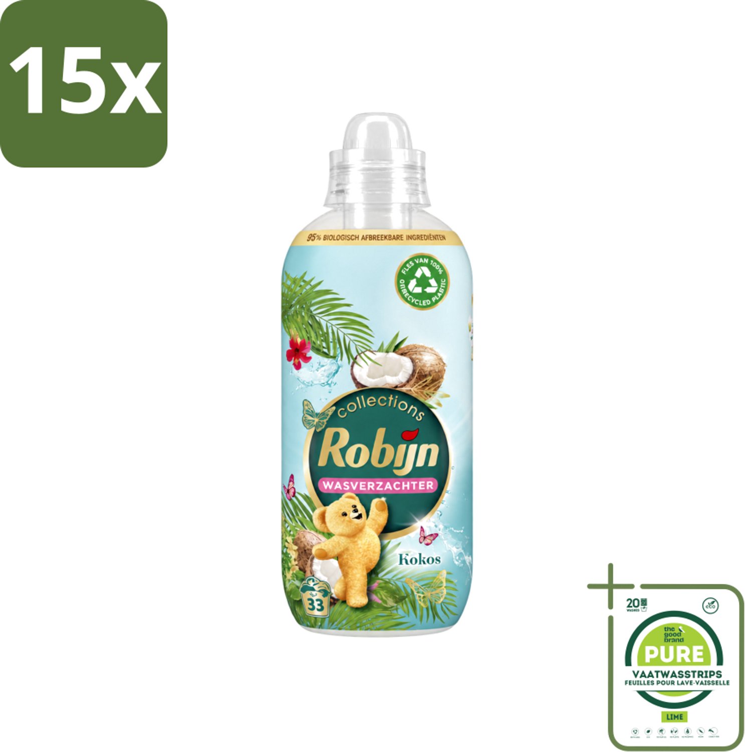 15 x Robijn - Kokos Sensation - Wasverzachter - Tropische Geur - 33 Wasbeurten - 825 ml - Grootverpakking - Vaatwasstrips - Wasverzachter - Kokosgeur - Wasroutine - Zachte Kleding - Tropisch Geur