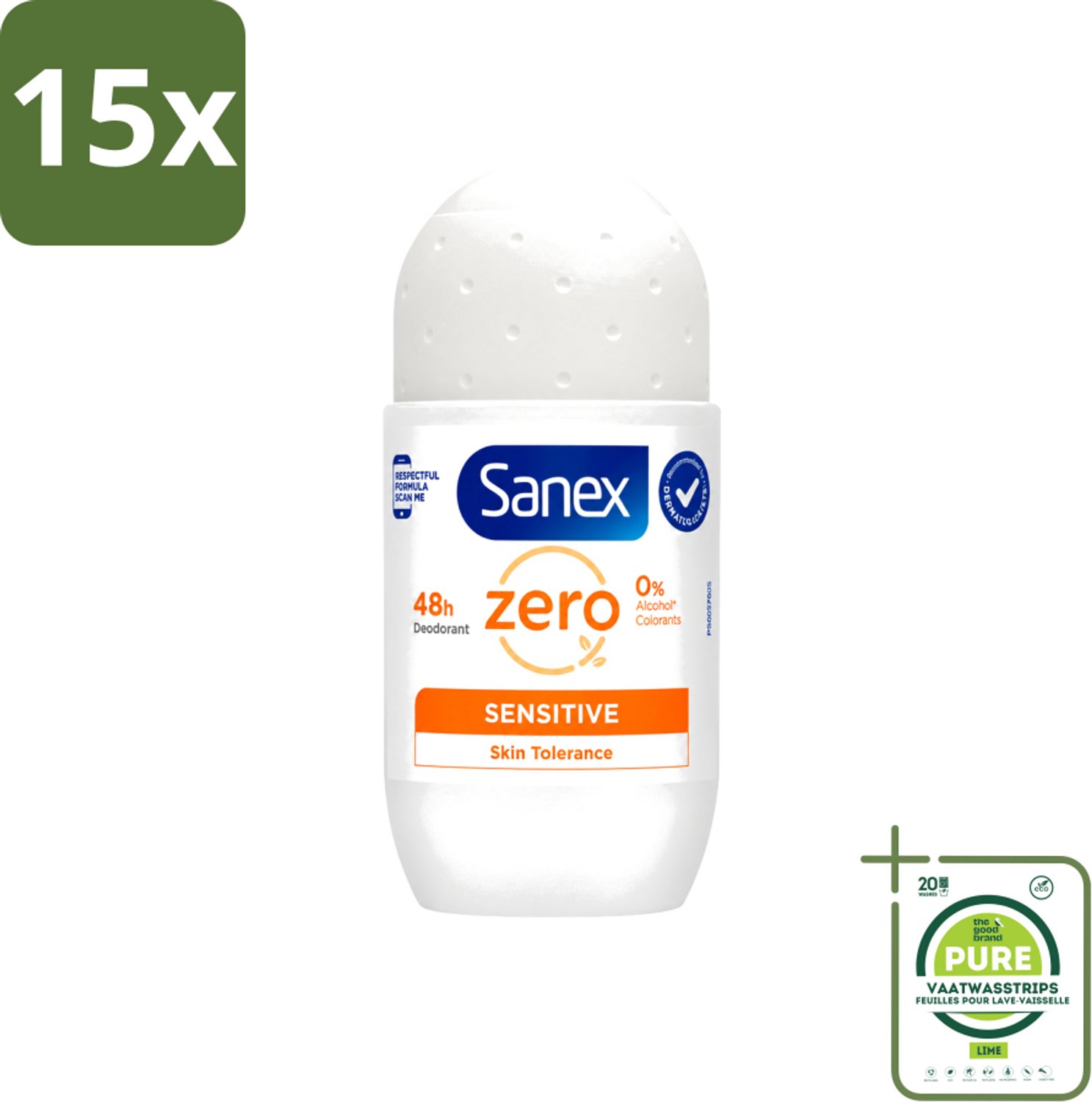 15 x Sanex - Deodorant - Roller - Zero% - Sensitive - Zonder Alcohol & Parabenen - 50 ml - Grootverpakking - Vaatwasstrips - Deodorant Zonder Alcohol - Deodorant Zonder Parabenen - Gevoelige Huid - Milde Deodorant - Langdurige Bescherming