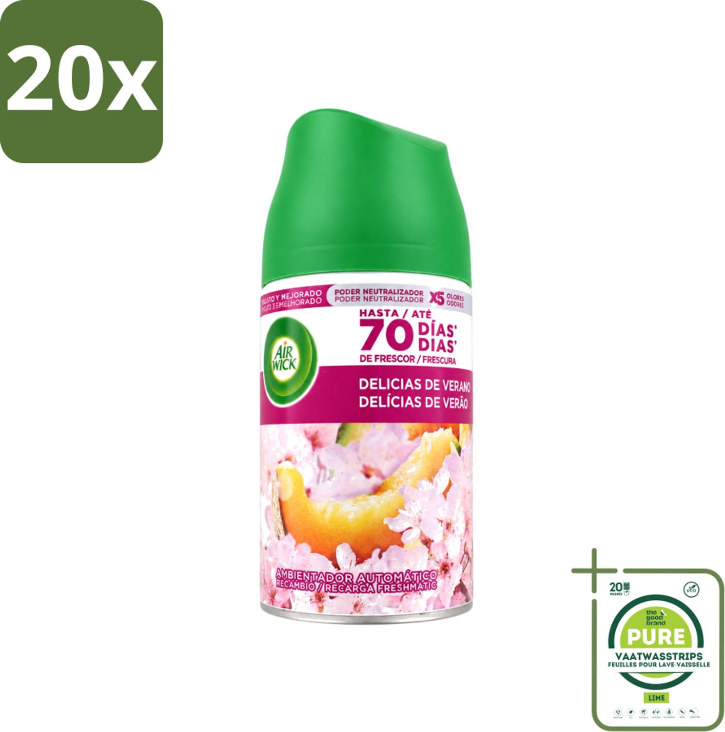 20 x Air Wick - Luchtverfrisser Navulling - Zalige Zomer - Automatische Spray - 250 ml - Grootverpakking - Vaatwasstrips - Zomerse Geur - Geurverspreider - Geurverwijdering - Geurintensiteit - Geur Dispenser