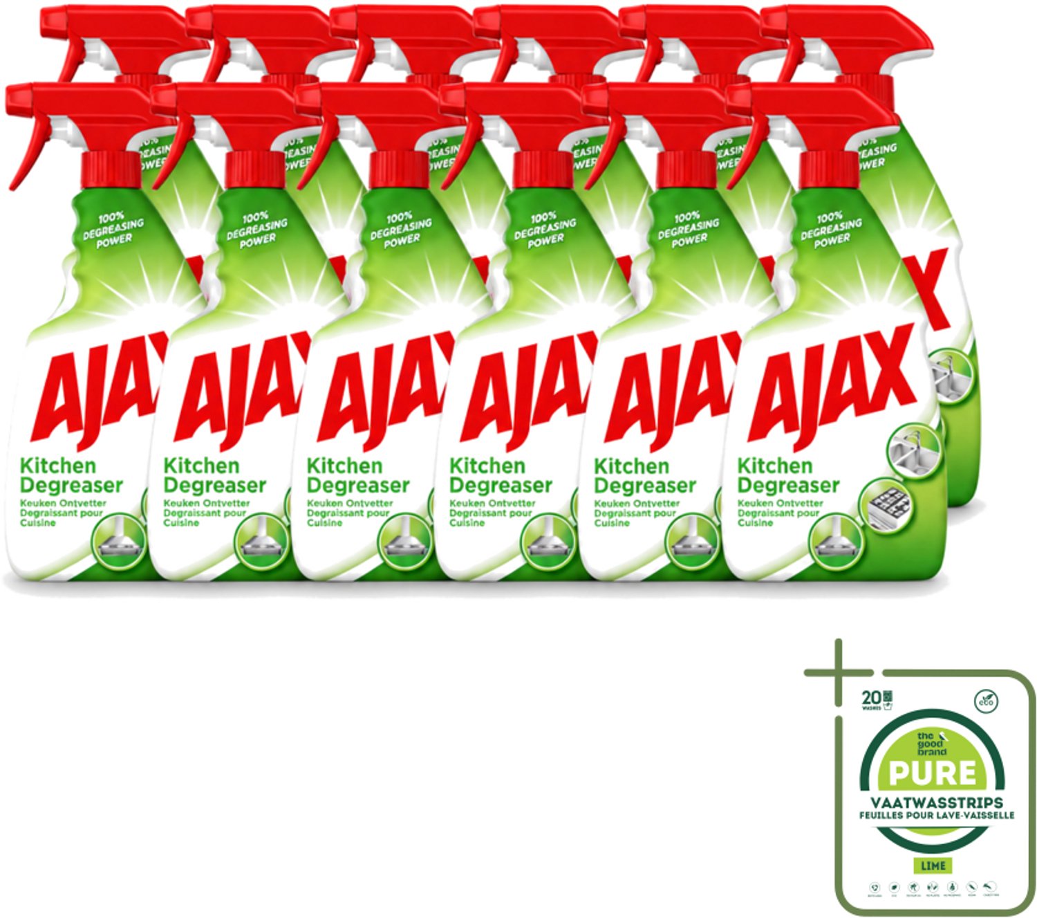 12 x Ajax - Keuken Ontvetter Spray - Verwijdert Hardnekkig Vet - 750 ml - Grootverpakking - Vaatwasstrips - Keuken Reinigen - Vet Verwijderen - Keuken Ontvetter - Ontvetter Spray - Keuken Schoonmaken