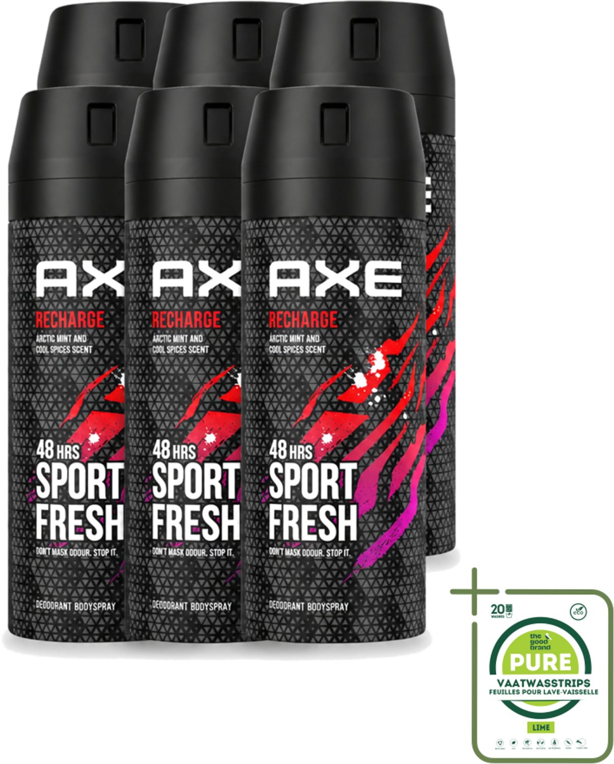 6 x Axe - Deodorant Bodyspray - 48hrs Sport Fresh - Recharge - Arctic Mint & Cool Spices - 150 ml - Grootverpakking - Vaatwasstrips - Deodorant - Bodyspray - Sport Fresh - Axe - Geur