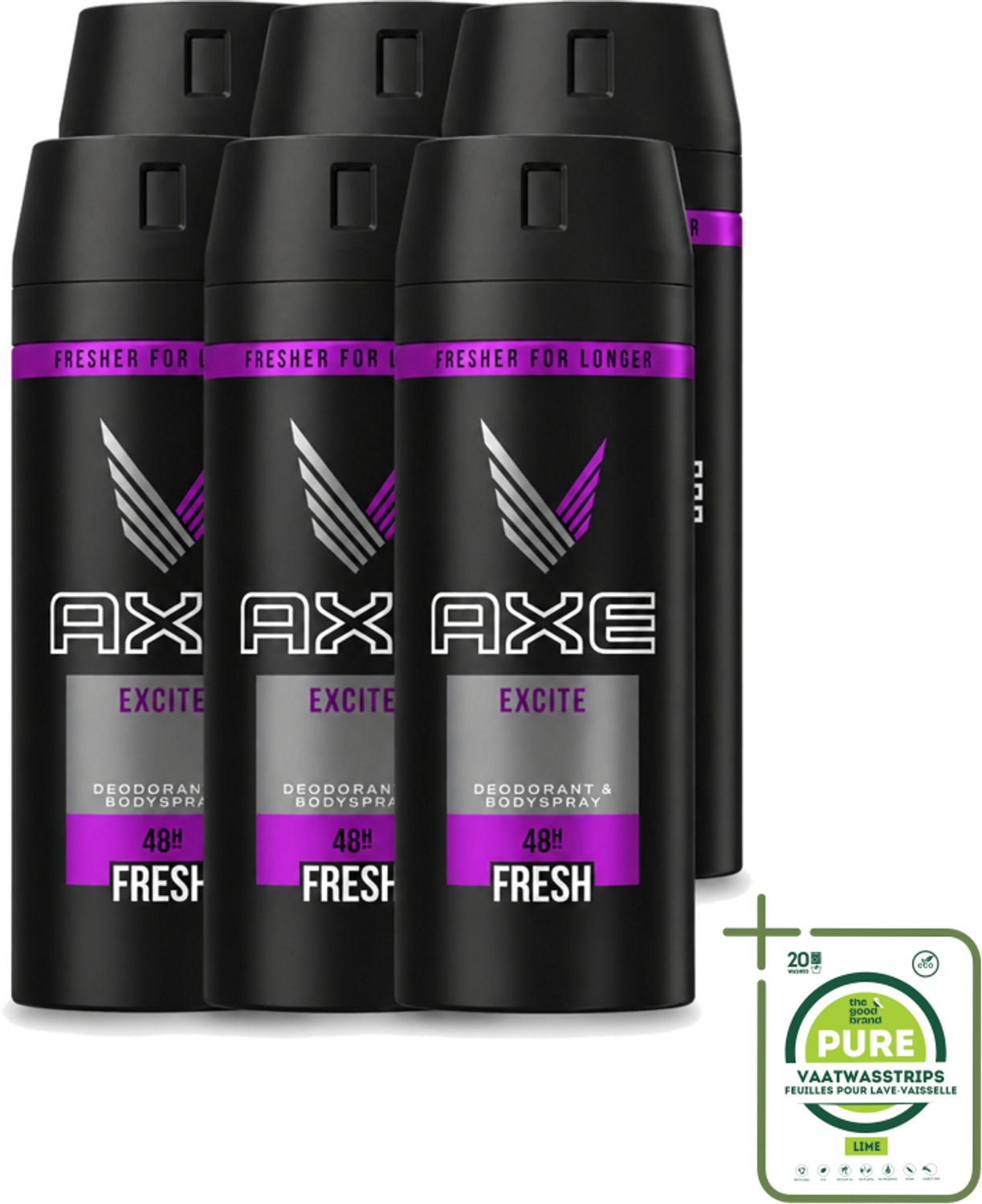 6 x Axe - Deodorant Bodyspray - 48hrs Fresh - Excite - 150 ml - Grootverpakking - Vaatwasstrips - Deodorant - Bodyspray - Geur - Lichaamsgeur - Axe Excite
