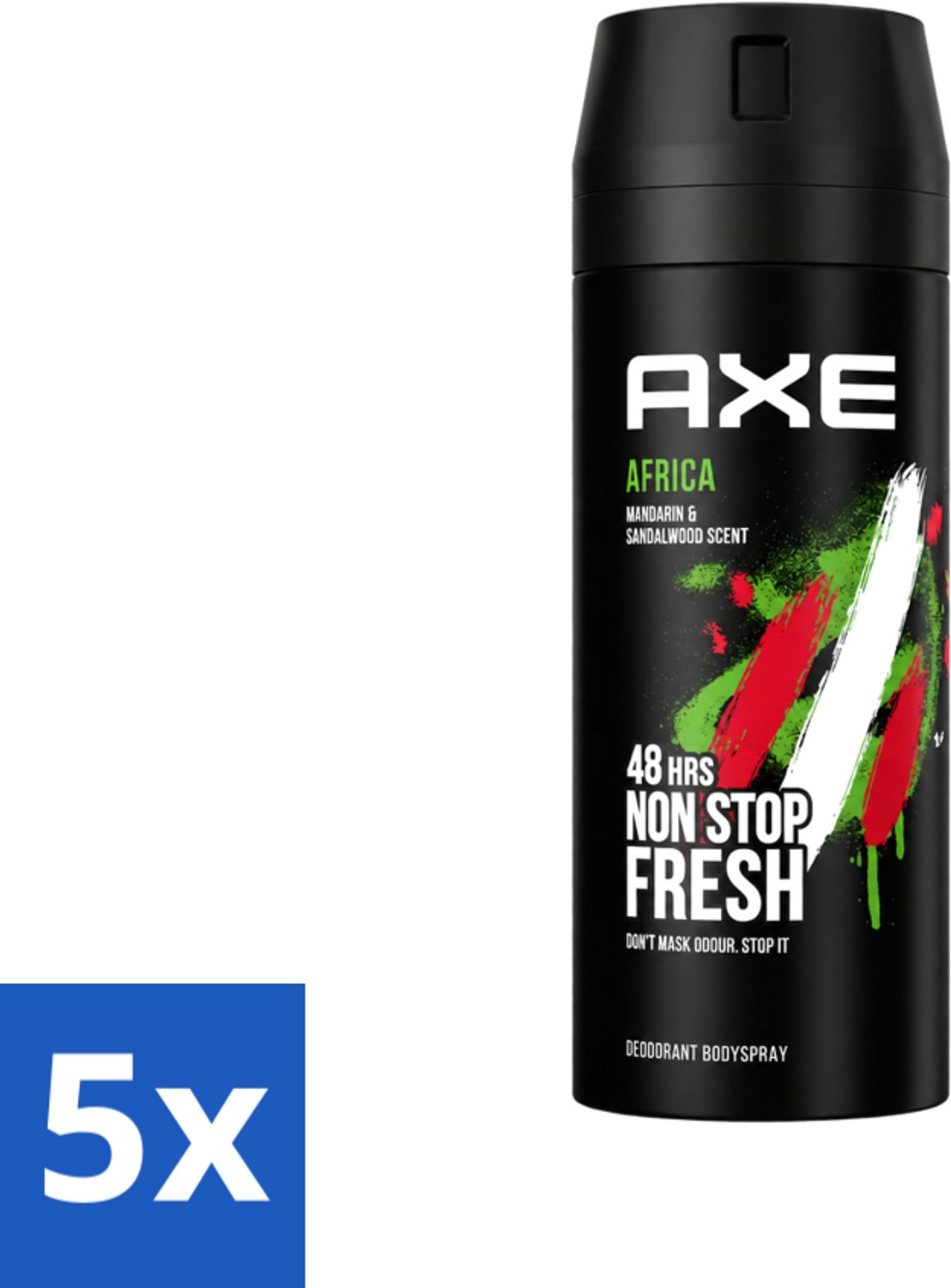 5 x Axe - Deodorant Bodyspray - 48hrs Non Stop Fresh - Africa - Mandarin & Sandalwood - 150 ml - Voordeelverpakking - 5 stuks