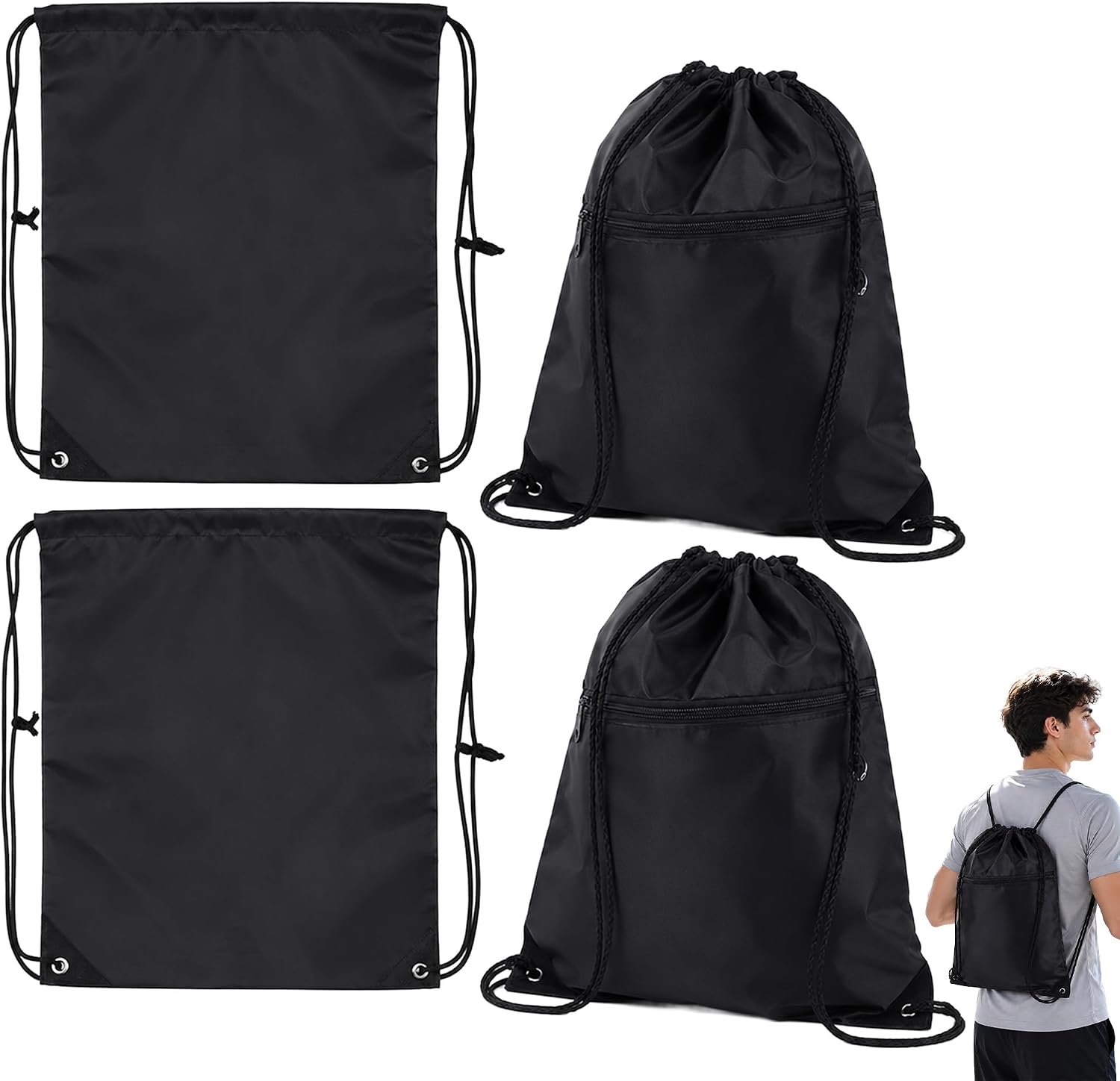 Rugzakken met trekkoord, set van 4 zwarte tassen van polyester, 34 × 43 cm