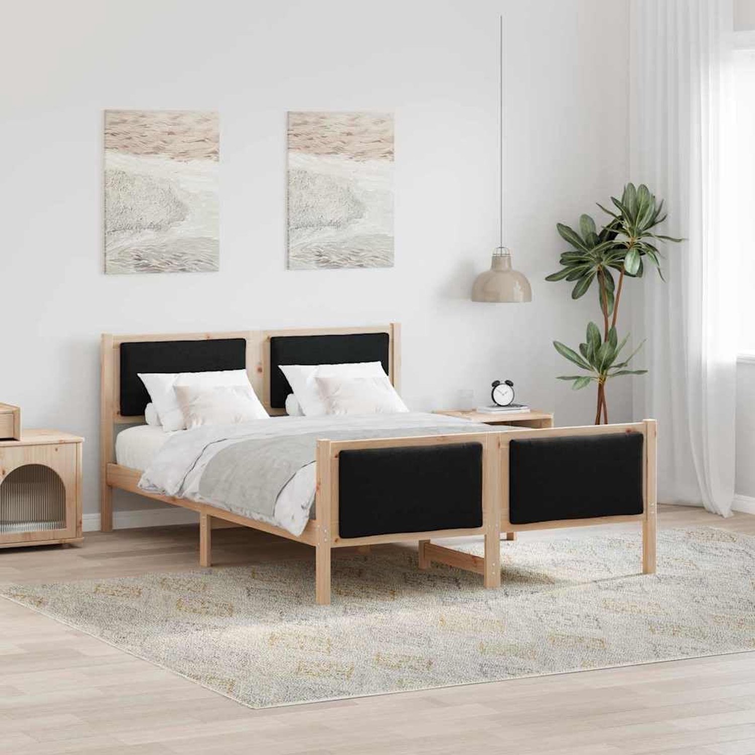 Stofbedframe Modern Hoofdeinde Natuurlijk Zwart 150x200 cm