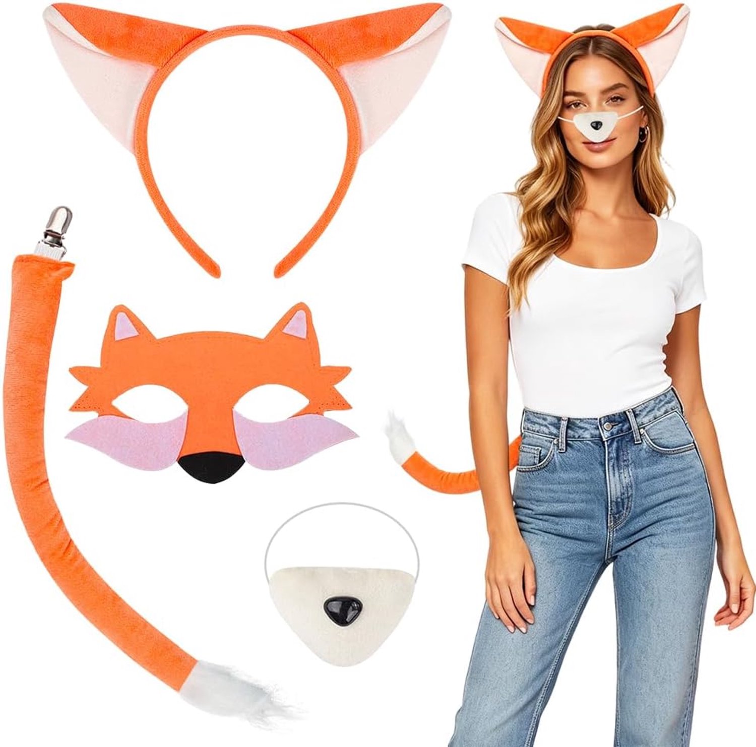 Fox-kostuumaccessoires, masker, harige vossenoren, pluche neus voor vossenpoten, staart, voor Halloween Carnaval Cosplay-feesten - 4-delig