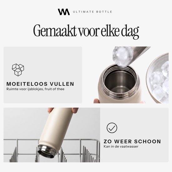 Informatieblad over het moeiteloos vullen van de VANN-fles met ijs en de vaatwasmachinebestendigheid.