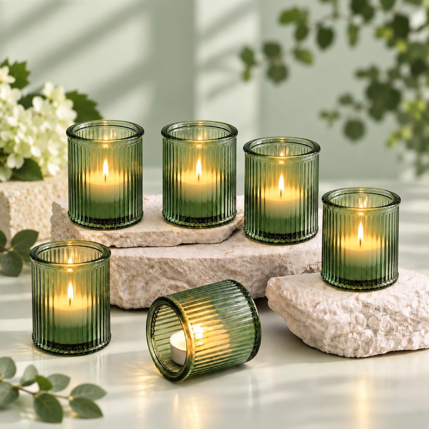 Theelichthouders glas set van 12, geribbeld windlicht, 4,5x5,7cm