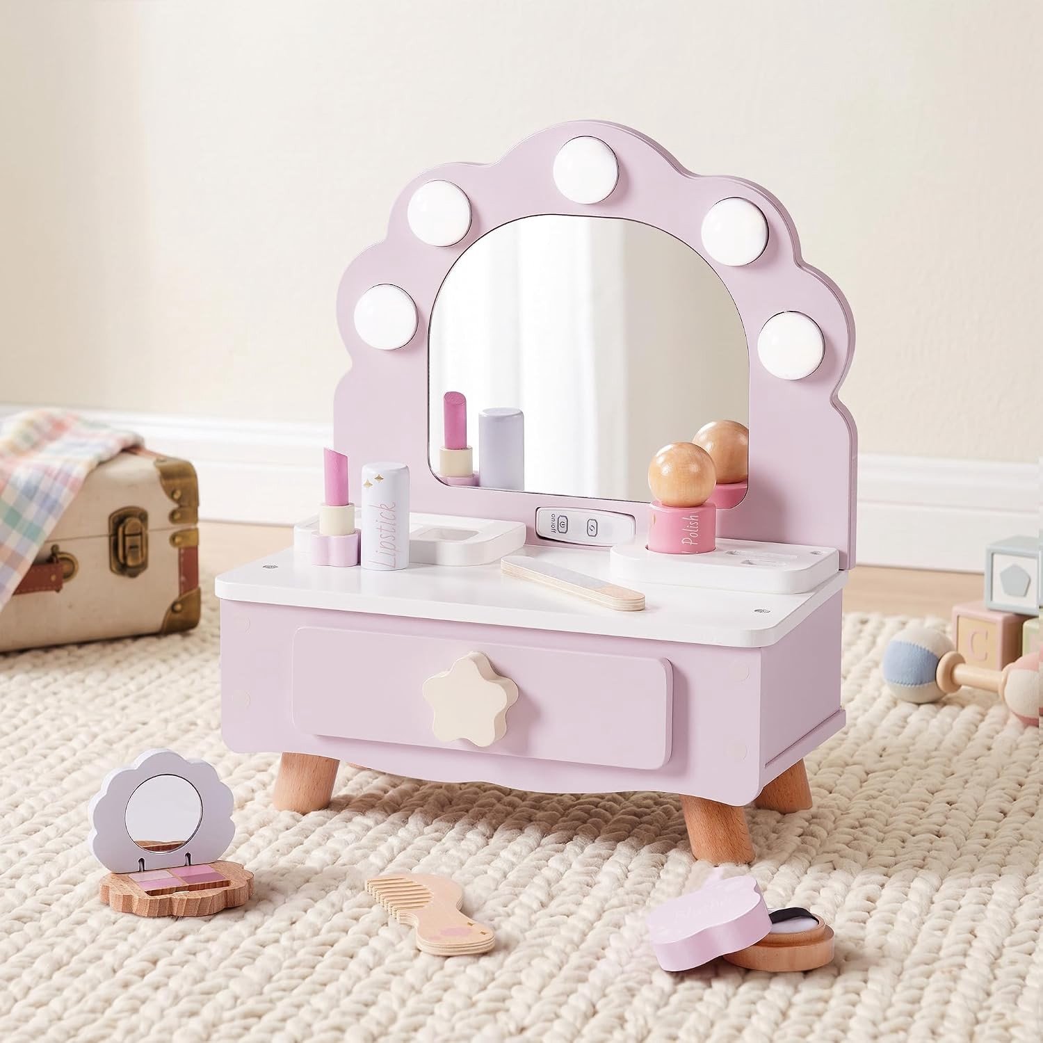 Houten Make-up Set voor Meisjes met Schelp Spiegel en Licht, Speelgoed voor Rollenspel, Cosmetica Accessoires en Verjaardagscadeau voor Kinderen vanaf 3 Jaar