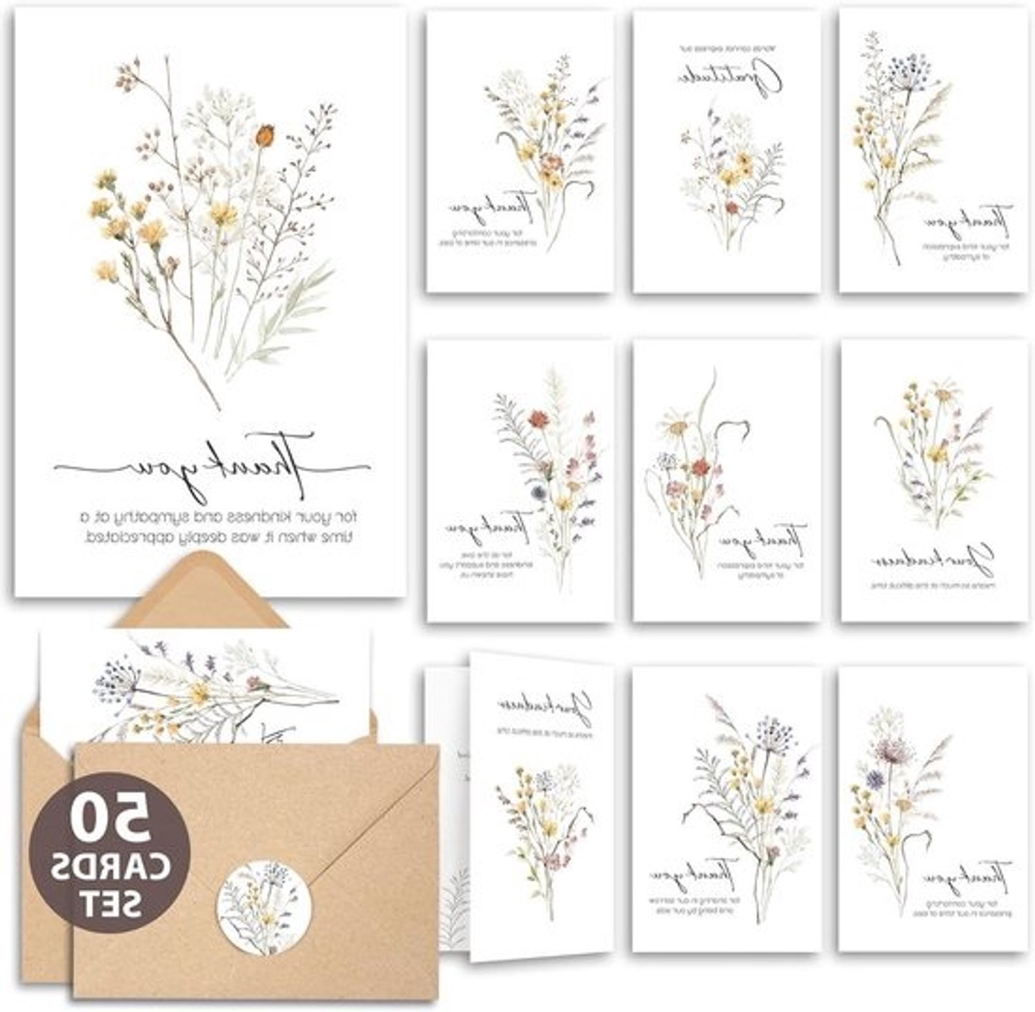 Bedankkaarten voor begrafenis - Rouw- en condoleancekaarten - Dankbaarheid uiten - 50 stuks inclusief enveloppen - 4x6 Inches - Boeket bloemen