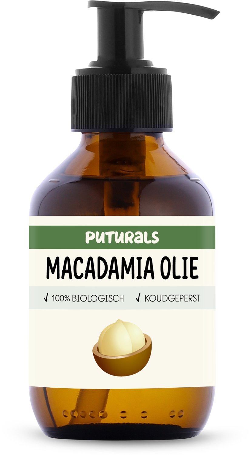 Puturals Macadamia Olie 100% Biologisch - 150ml - Puur en Koudgeperst- Macadamia Olie voor Huid, Haar en Lichaam - Rijk aan Omega 7 en 9- Macadamia Oil als Huidolie en Haarolie - Bruine Glazen Fles + Pomp