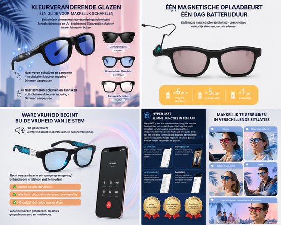 AI Smart Glasses – Elektronisch Kleurveranderende Zonnebril – AI Vertaling – Bluetooth 5.4 – Handsfree Bellen & Muziek – Touch Control – Magnetisch Opladen – Zwart — afbeelding 3