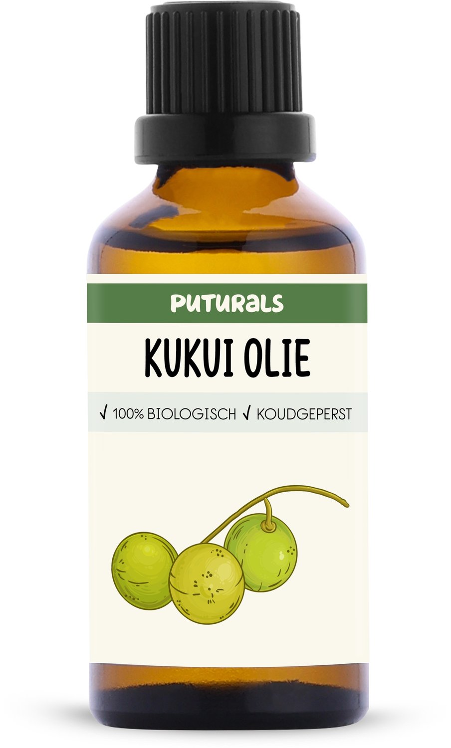 Puturals Kukui Olie 100% Biologisch - 50ml - Puur en Koudgeperst - Kukui Olie voor Huid, Haar en Lichaam - Rijk aan Omega 3, 6 en 9 - Kukui Olie als Huidolie en Haarolie - Bruine Glazen Druppelfles