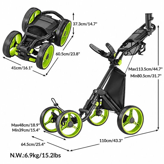 Golf Trolley 4 Wielen – Opvouwbaar – Verstelbare Handgreep & Voorwielen – Voetrem – Paraplu-, GPS- & Drinkhouder — afbeelding 5
