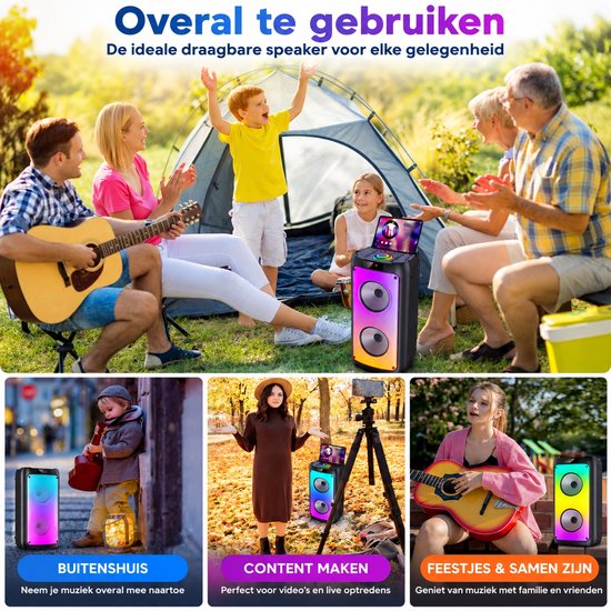 ShaSha Partybox Bluetooth Speaker met 2 Draadloze Microfoons - Karaoke Set voor Volwassenen - Muziek Box met LED Verlichting - Zwart — afbeelding 2