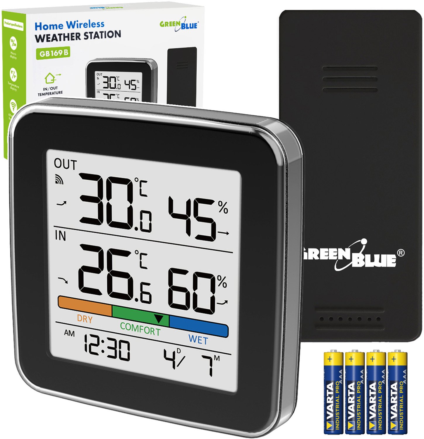 GreenBlue draadloos weerstation, temperatuur + luchtvochtigheid binnen/buiten, klok + wekker + datum, °C / °F, tot 60 m, zwart, GB169 B + batterij