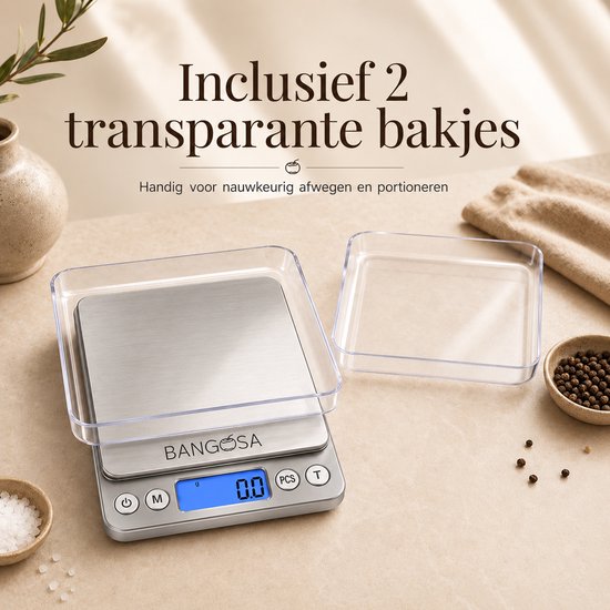 Bangosa digitale weegschaal met 2 transparante bakjes voor nauwkeurig afwegen en portioneren.