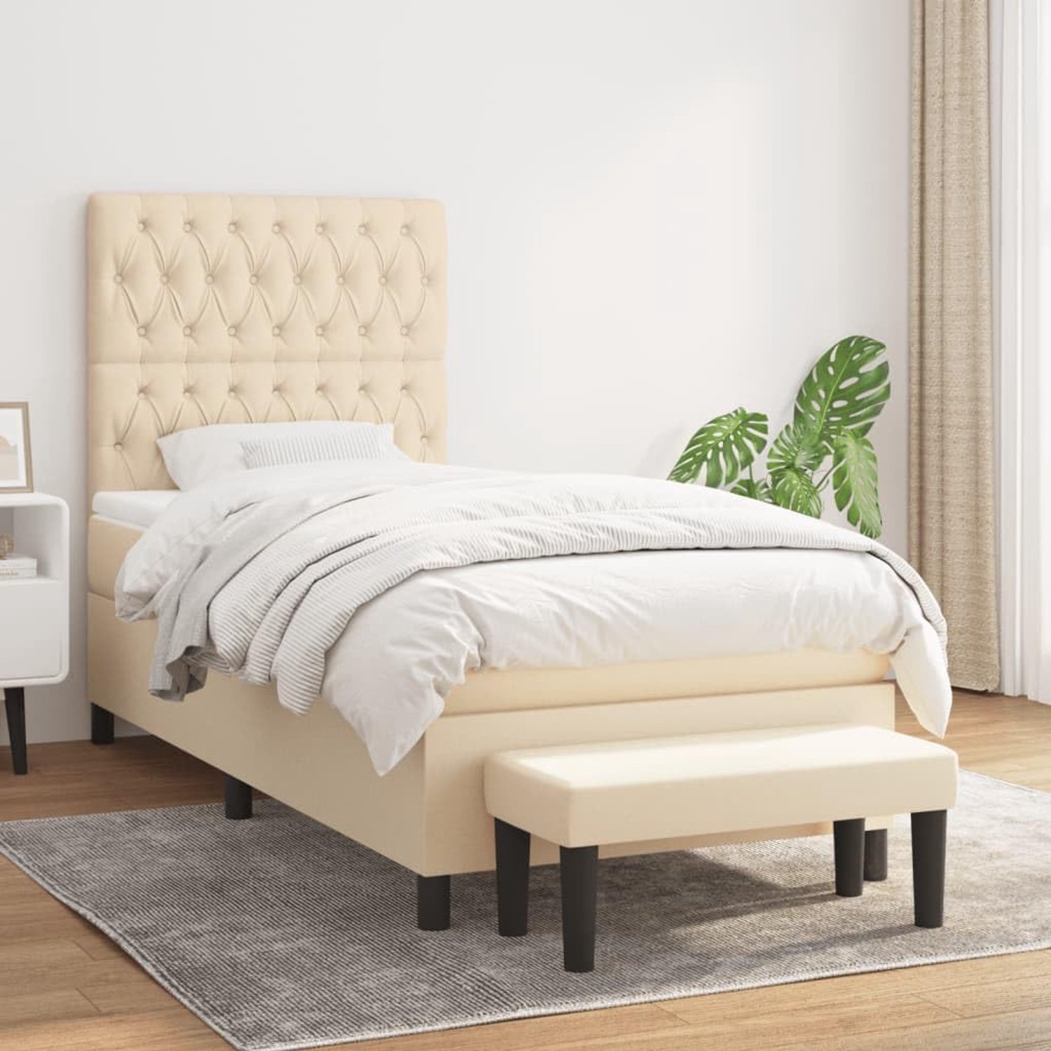 Familiebed, tweepersoonsbed, slaapkamermeubel, boxspringbed met matras, crème, 90x190 cm, stof