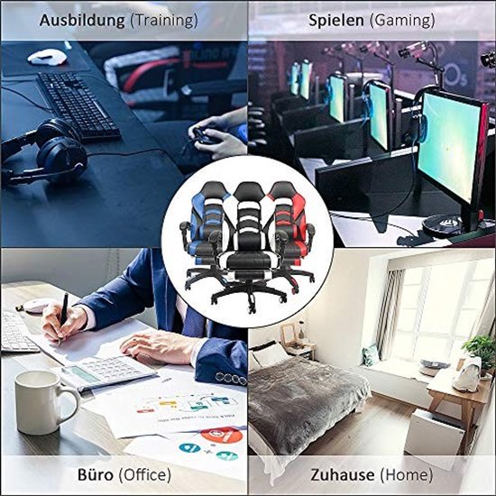 Ergonomische Gaming Stoel met Voetsteun - Zwart en Blauw — afbeelding 4