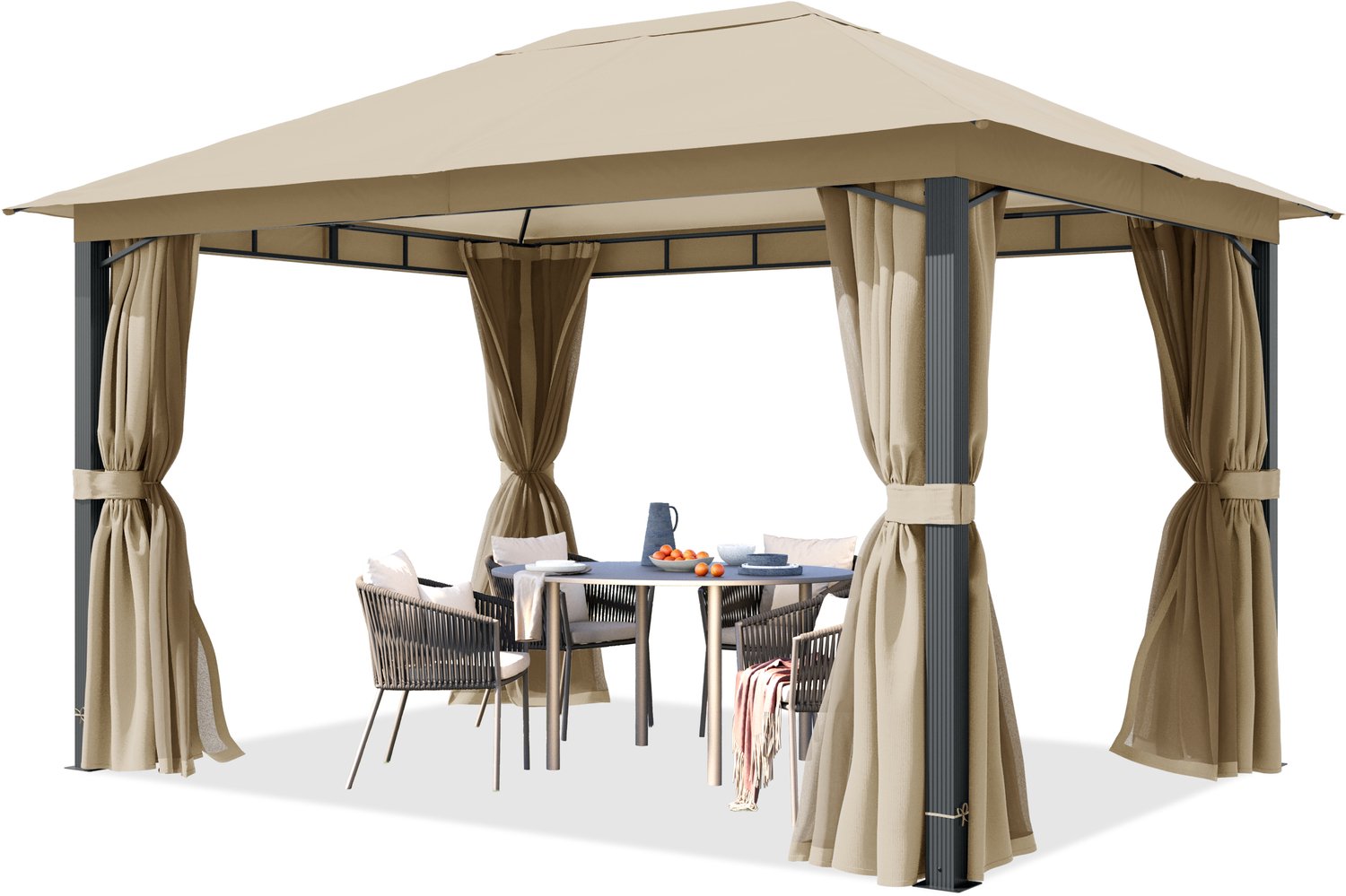 TOOLPORT Tuinpaviljoen 3x4 m, aluminium palen, dakdoek ca. 220 g/m², taupe- met zijwanden en muggennetten