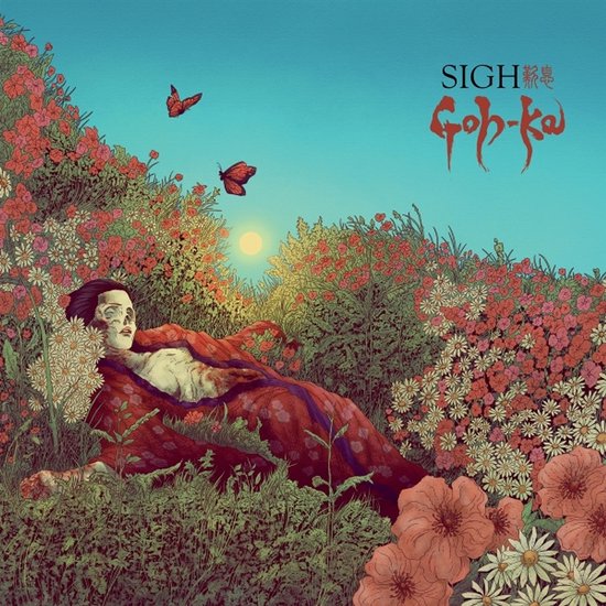 Albumhoes Goh-Ka van Sigh met een liggend figuur in kimono te midden van bloemen en vlinders.