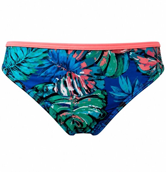 Bikinibroekje met tropische bladerenprint in blauw, groen en roze met een koraalkleurige boord.