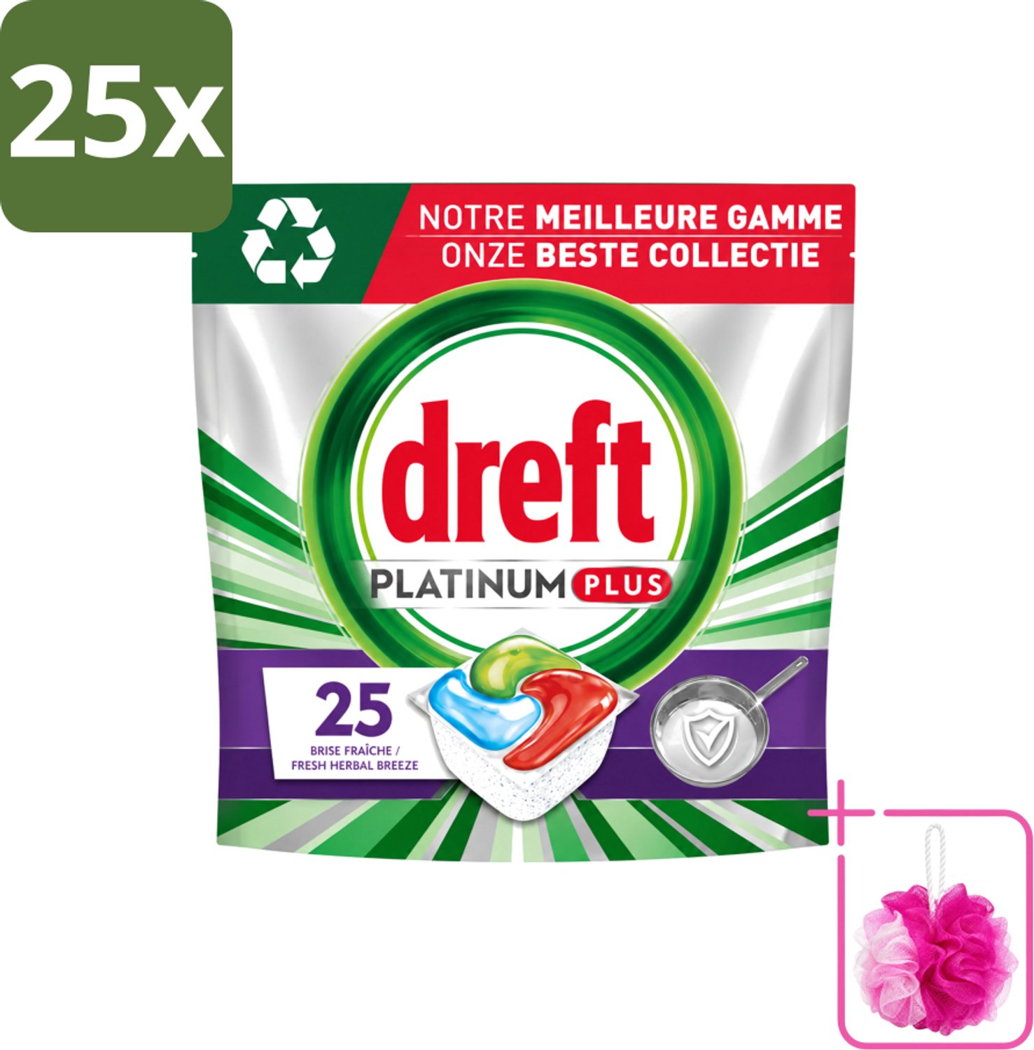 25 x Dreft Platinum Plus - Vaatwascapsules - Deep Clean Boosted - Fresh Herbal Breeze - 25 Afwasbeurten - Bulkverpakking - Vaatwassen - Douchemop - Vaatwasmiddel