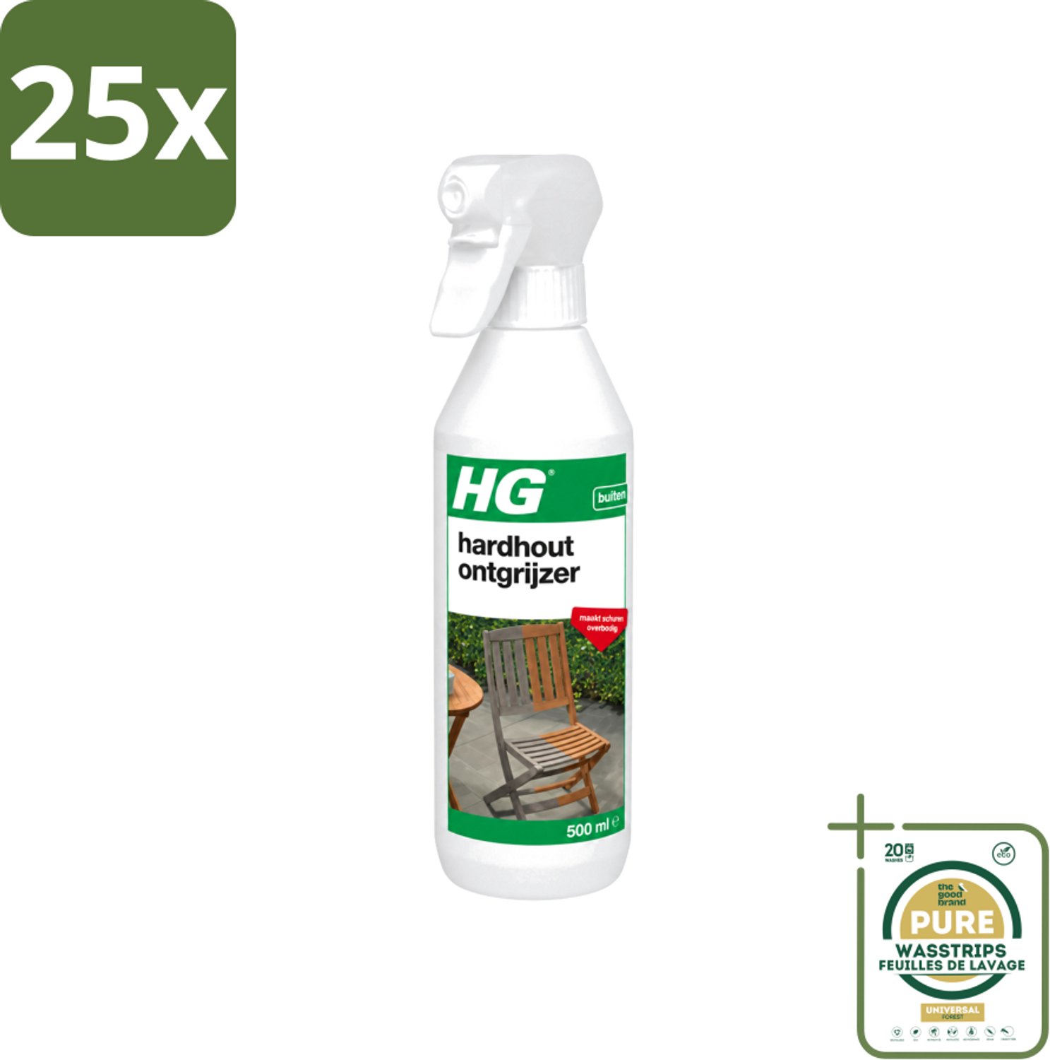 25 x HG - Buiten - Hardhout Ontgrijzer - Maakt Schuren Overbodig - 500 ml - Wasstrips - Hardhout Ontgrijzen - Tuinmeubel Reinigen - Vergrijzing Verwijderen - Hout Reinigen - Schuren Vermijden