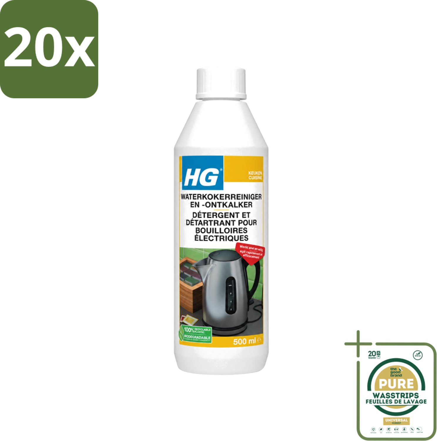 20 x HG - Waterkokerreiniger & Ontkalker - Snel & Veilig Resultaat - 500 ml - Wasstrips - Waterkoker Reinigen - Waterkoker Ontkalken - Kalkaanslag Verwijderen - Waterkoker Reinigingsmiddel - Waterkoker Ontstofverwijderen