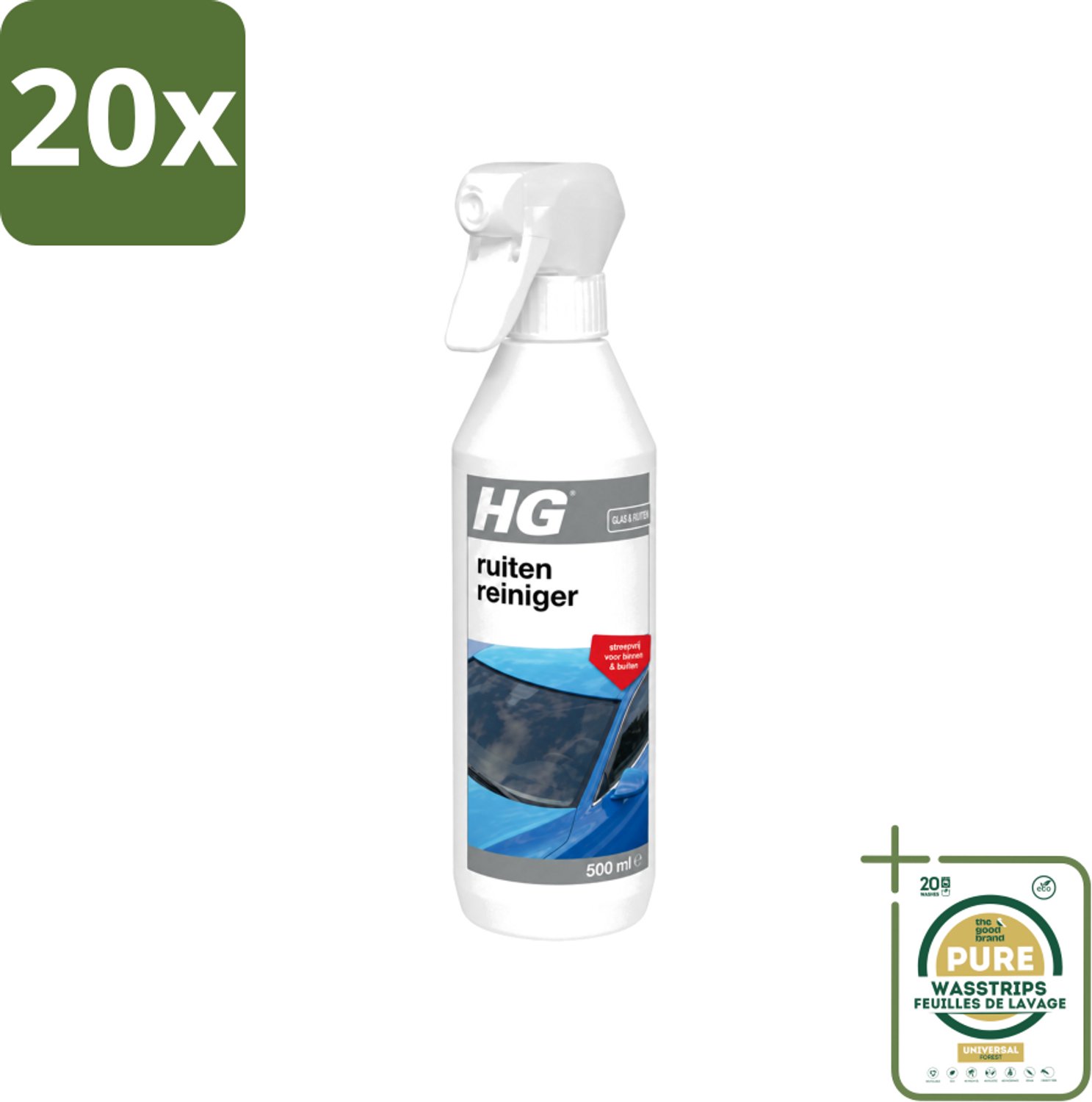 20 x HG - Ruitenreiniger - Streepvrij Voor Binnen & Buiten - 500 ml - Wasstrips - Ruitenreiniger - Ruiten Reinigen - Ruiten Reinigen Binnen En Buiten - Ruiten Reinigen Auto - Ruiten Reinigen Caravan