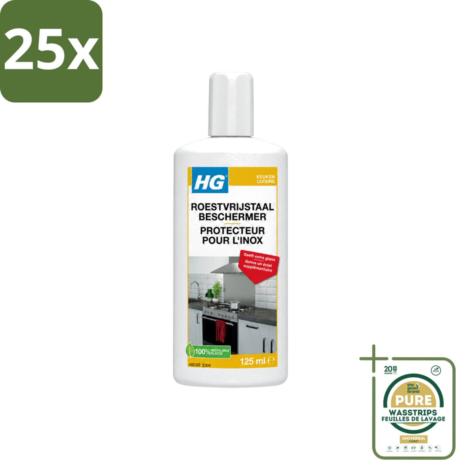 25 x HG - Roestvrijstaal Beschermer - Geeft Extra Glans - 125 ml - Wasstrips - Roestvrijstaal Reiniger - Roestvrijstaal Beschermer - Keuken Reiniger - Glans Geven Roestvrijstaal - Vlekken Verwijderen Roestvrijstaal