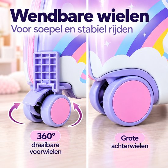 Close-up van 360 graden draaibare voorwielen en grote achterwielen van de eenhoornkoffer.