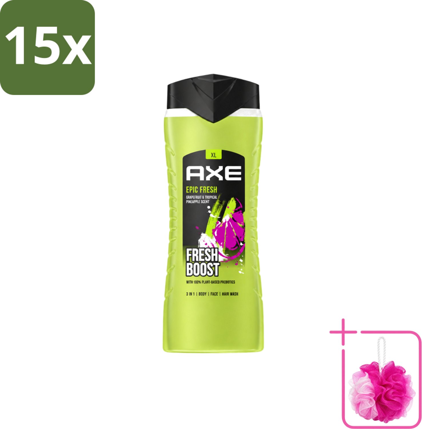 15 x AXE – Douchegel – Epic Fresh Fresh Boost 3-in-1 – 400 ml - Bulkverpakking - Douchegel - Douchemop - Frisheid