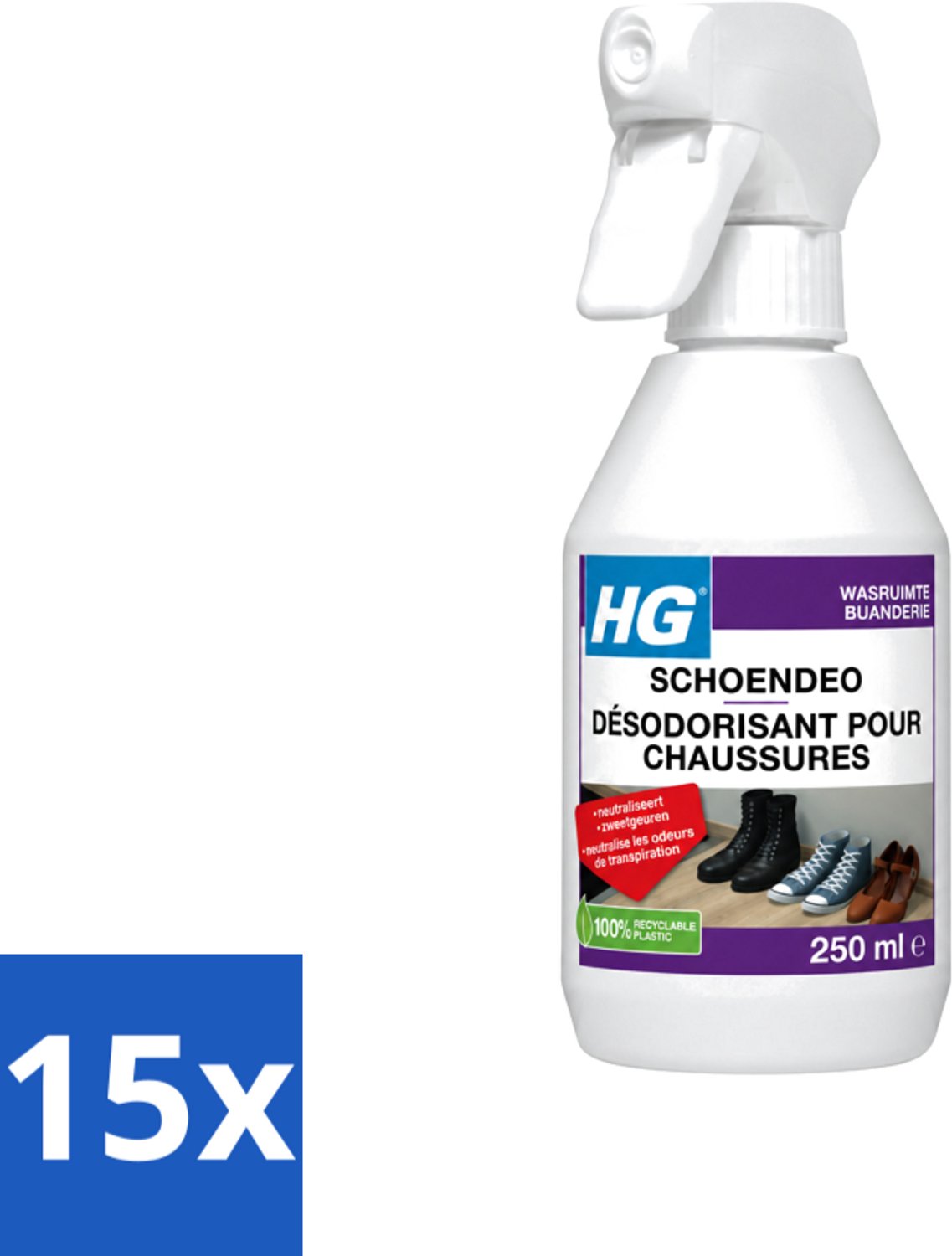 15 x HG - Schoendeo - Neutraliseert Zweetgeuren - Gemakkelijk in Gebruik - 250 ml - Voordeelverpakking - 15 stuks