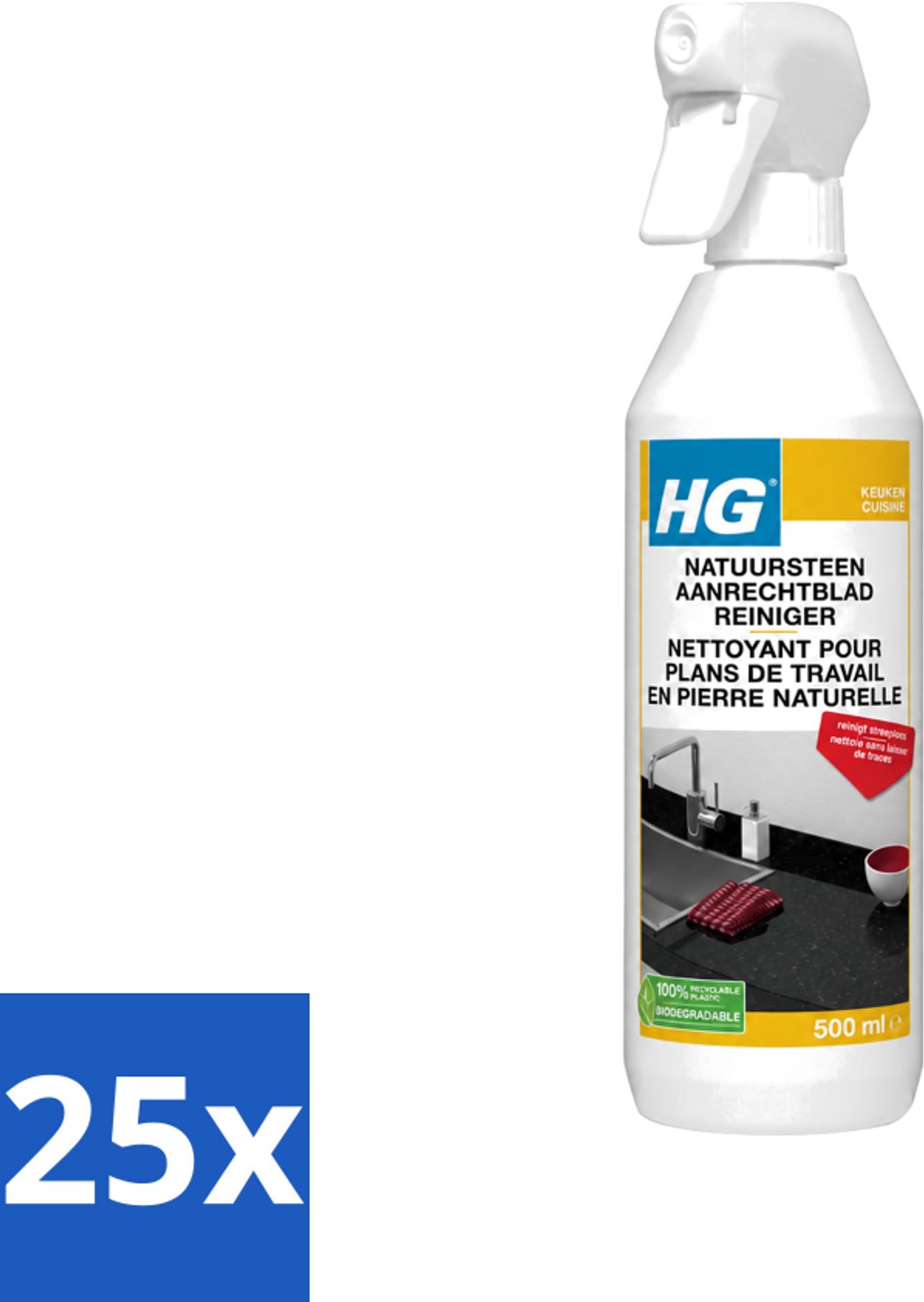25 x HG - Natuursteen Aanrechtblad Reiniger - Reinigt Streeploos - 500 ml - Voordeelverpakking - 25 stuks