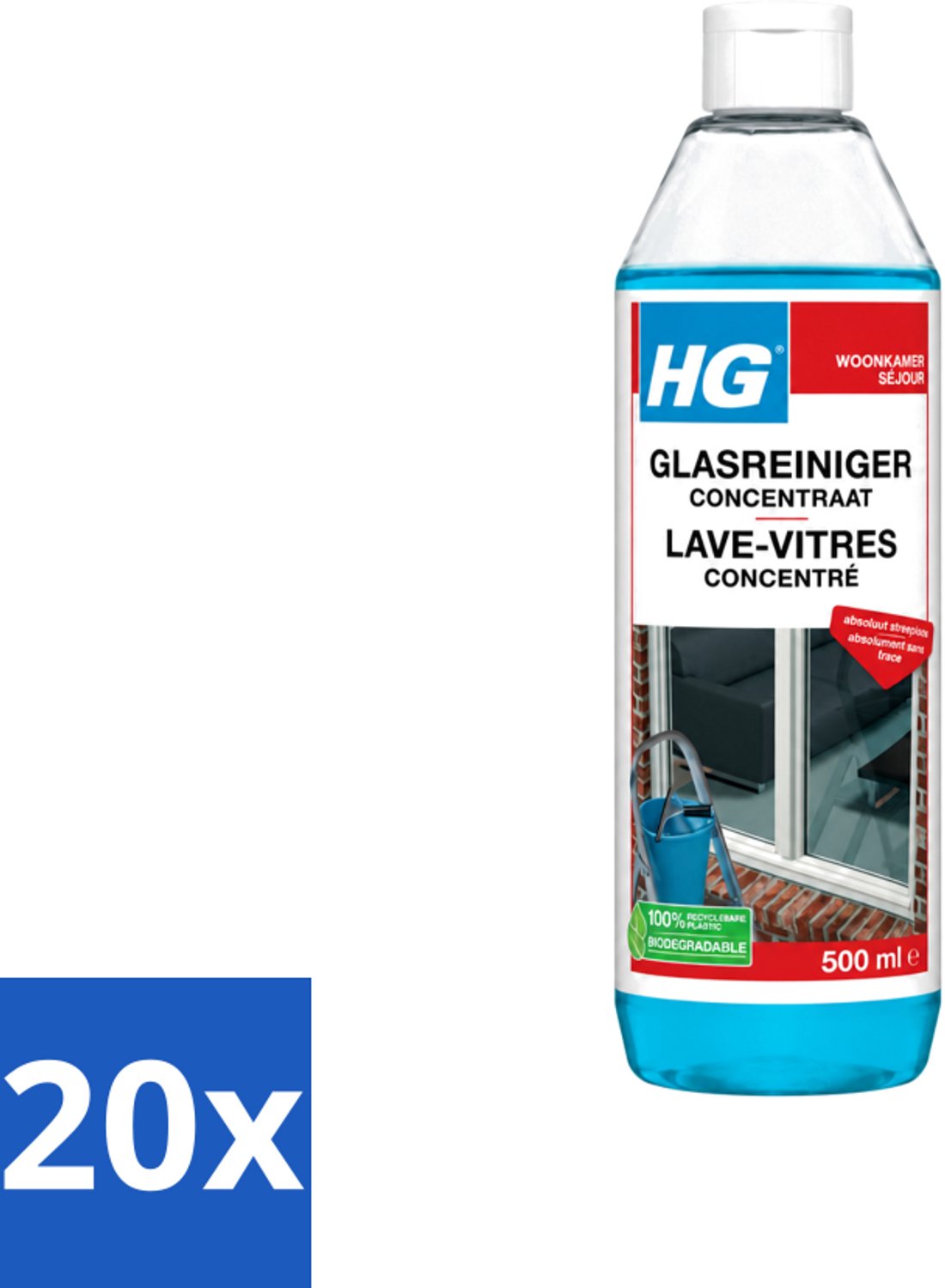 20 x HG - Glasreiniger Concentraat - Streeploos Schoon - 12 Schoonmaakbeurten - 500 ml - Voordeelverpakking - 20 stuks