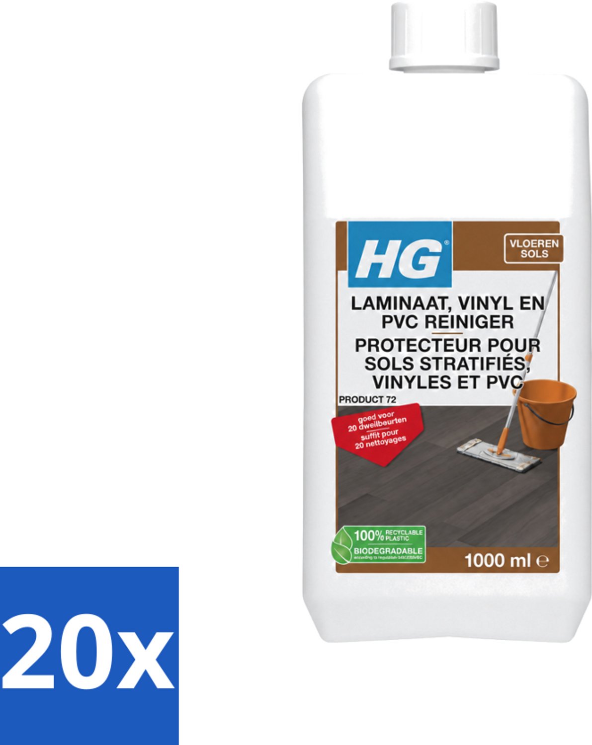 20 x HG - Laminaat, Vinyl & PVC Reiniger - Frisse Geur - Reinigt Streeploos - 20 Dweilbeurten - 1L - Voordeelverpakking - 20 stuks